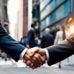 Create An Image Of Two Business People Shaking Hands On The Street. Make Sure They Look Human And Not Like Cartoons (1)